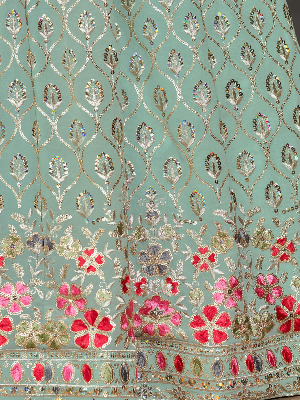 Odette Light Blue Georgette Embroidered Semi Stitched Lehenga With Unstitched Blouse For Women - Image 6