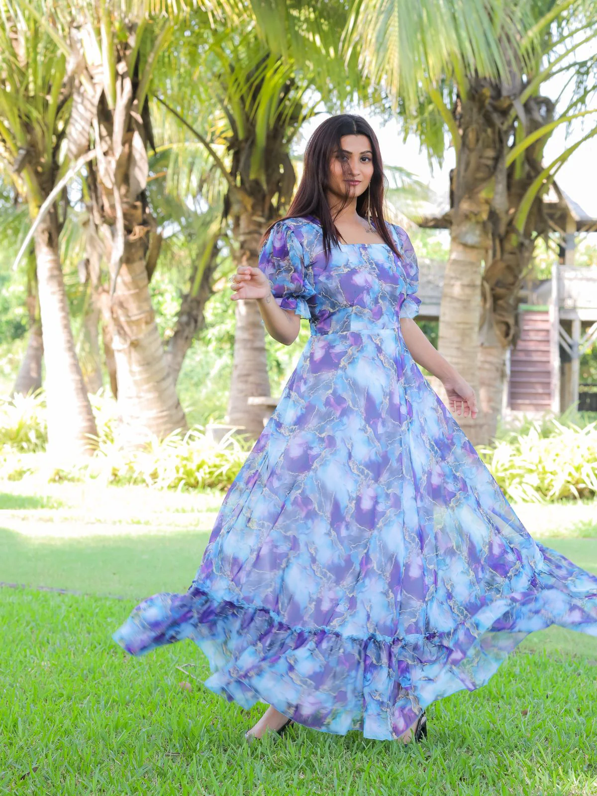 Odette Light Blue Georgette Stitched Printed Indo Western Dress For Women - Image 2