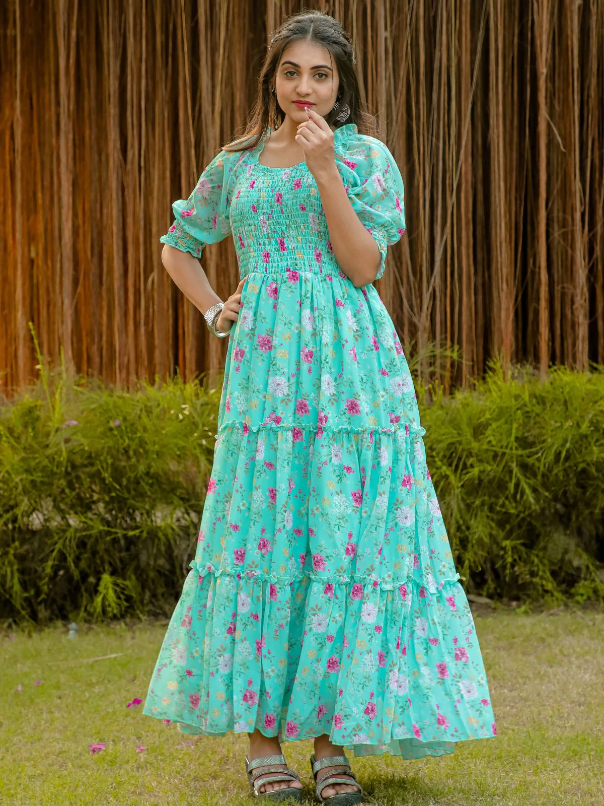 Odette Light Blue Georgette Stitched Printed Indo Western Dress For Women - Image 2
