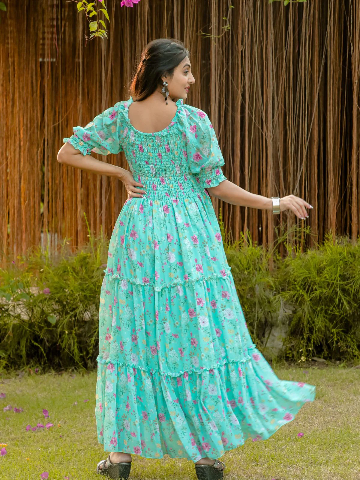 Odette Light Blue Georgette Stitched Printed Indo Western Dress For Women - Image 5