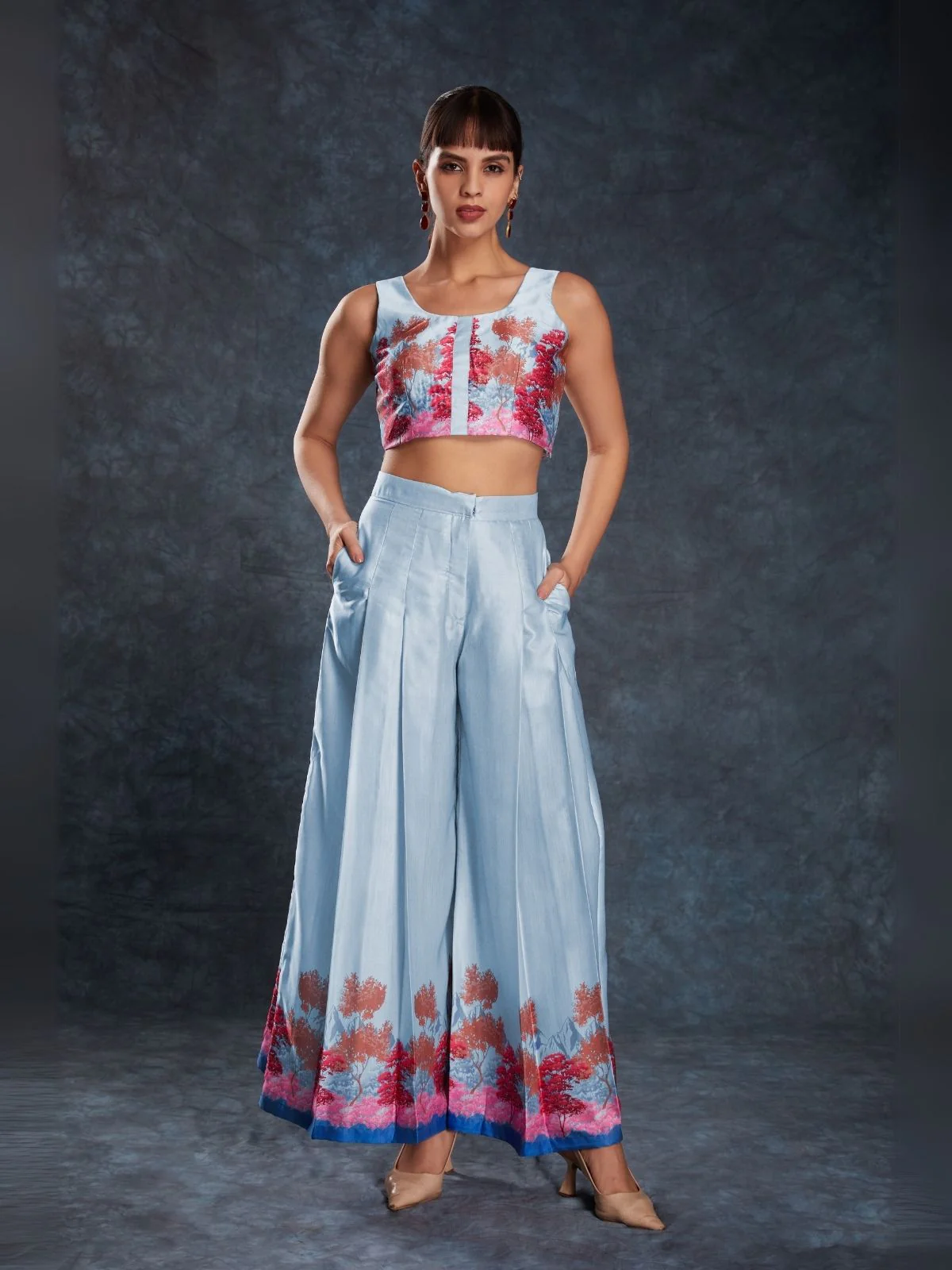 Odette Light Blue Linen Printed Stitched Co-Ord Set For Women