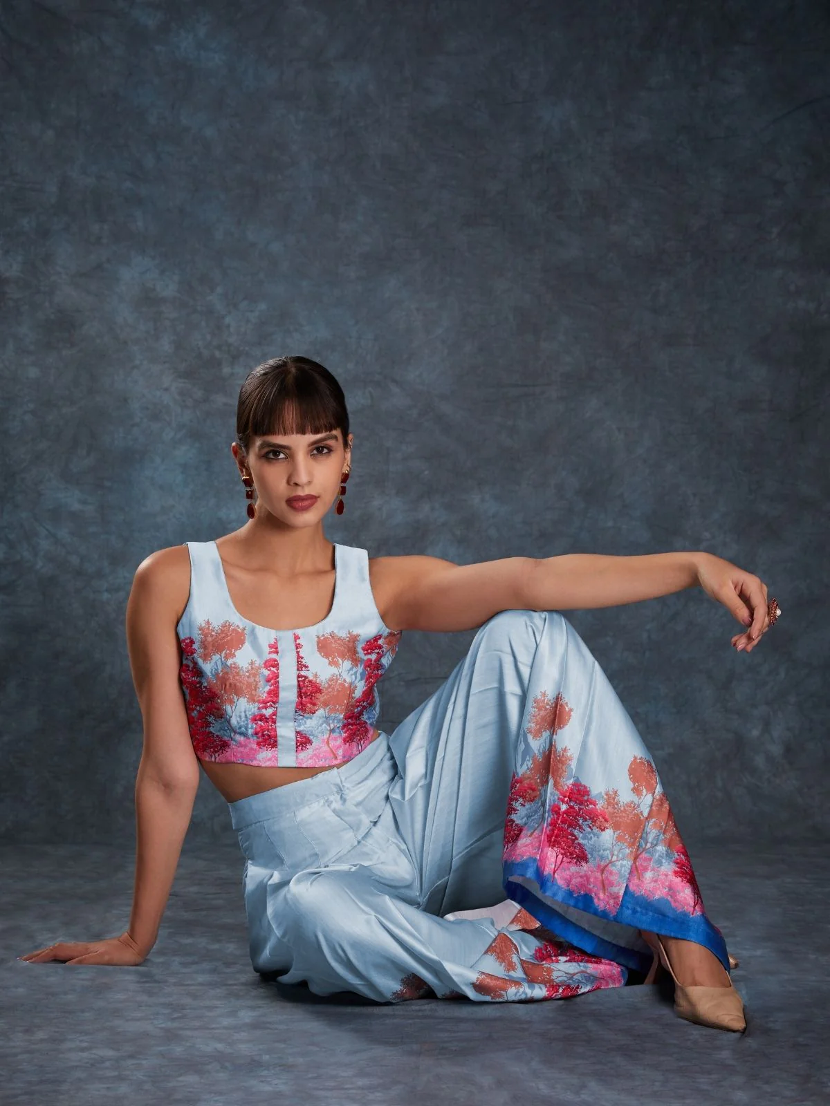 Odette Light Blue Linen Printed Stitched Co-Ord Set For Women - Image 3