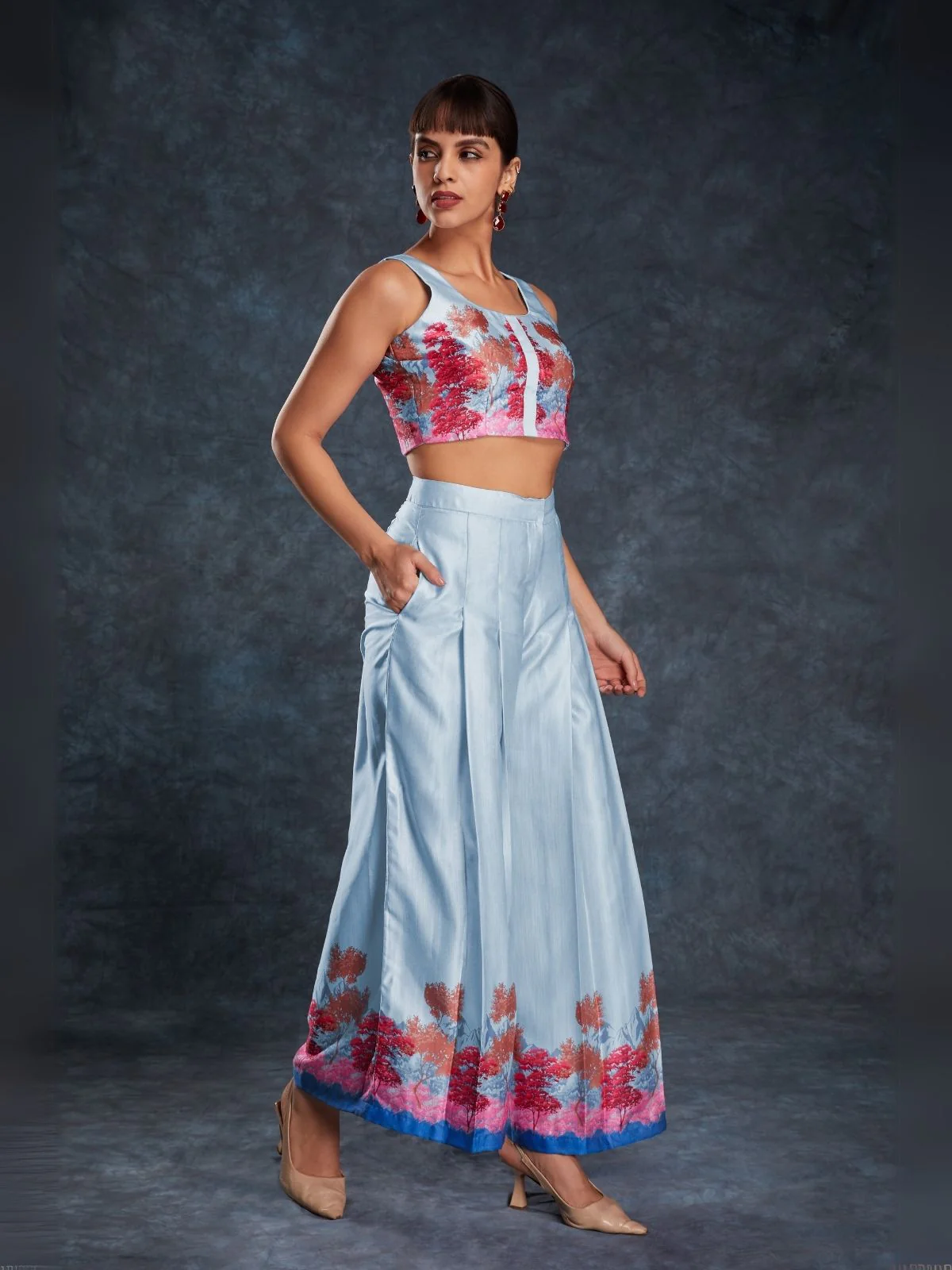 Odette Light Blue Linen Printed Stitched Co-Ord Set For Women - Image 6