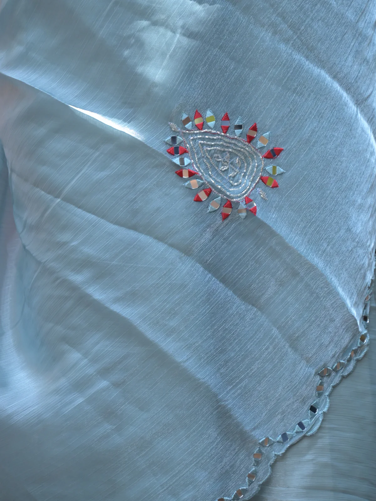 Odette Light Blue Mirror Work Embroidered Saree with Unstitched Blouse for Women - Image 5