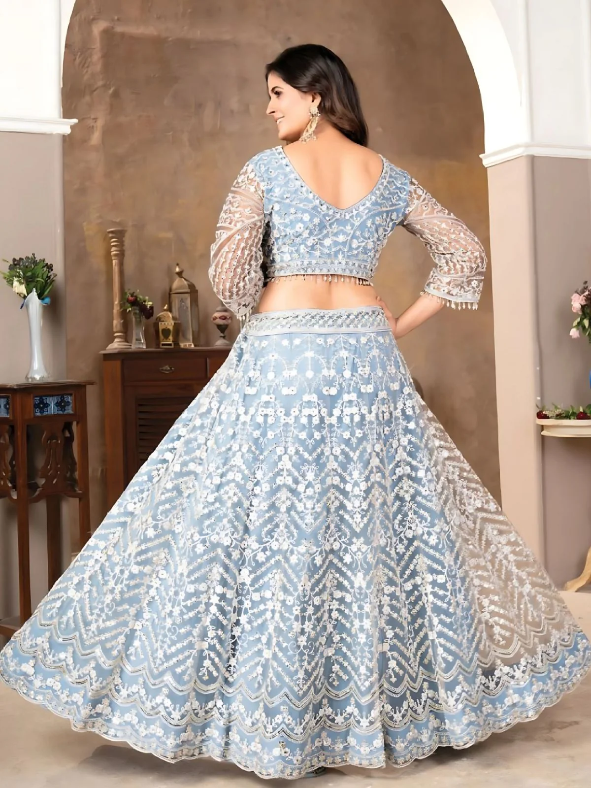 Odette Light Blue Net Embroidered Semi-Stitched Lehenga For Women - Image 2