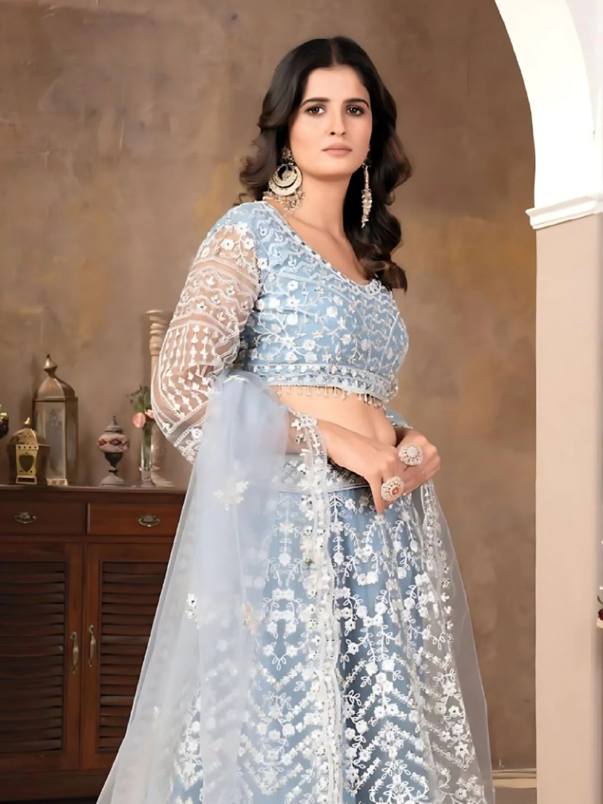 Odette Light Blue Net Embroidered Semi-Stitched Lehenga For Women - Image 5