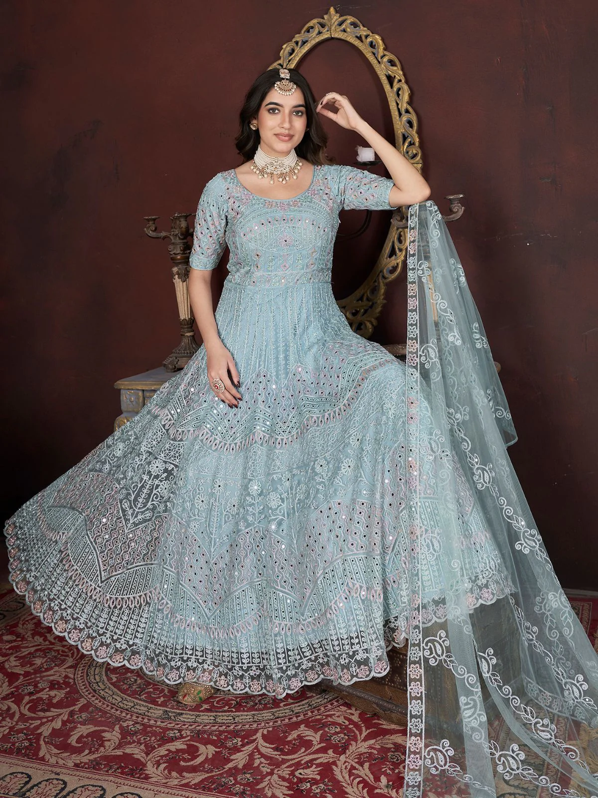 Odette Light Blue Net Embroidered Stitched Gown For Women - Image 2