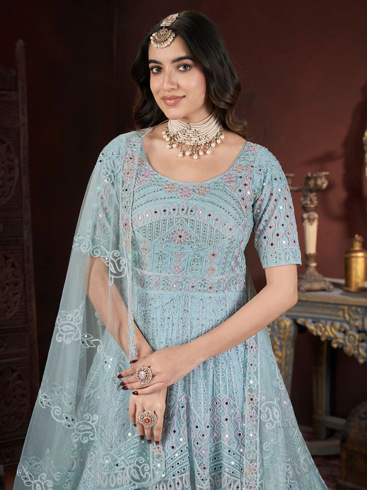 Odette Light Blue Net Embroidered Stitched Gown For Women - Image 5