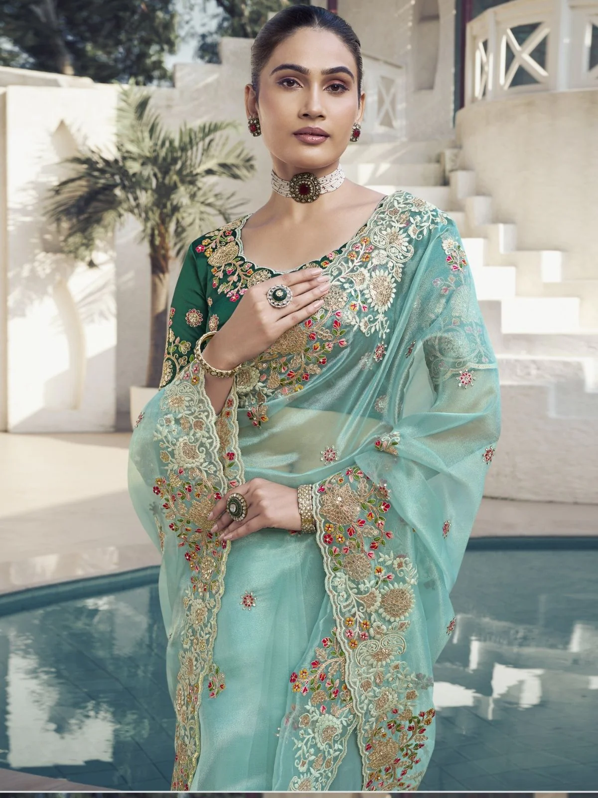 Odette Light Blue Organza Embroidered Saree With Unstitched Blouse For Women - Image 2