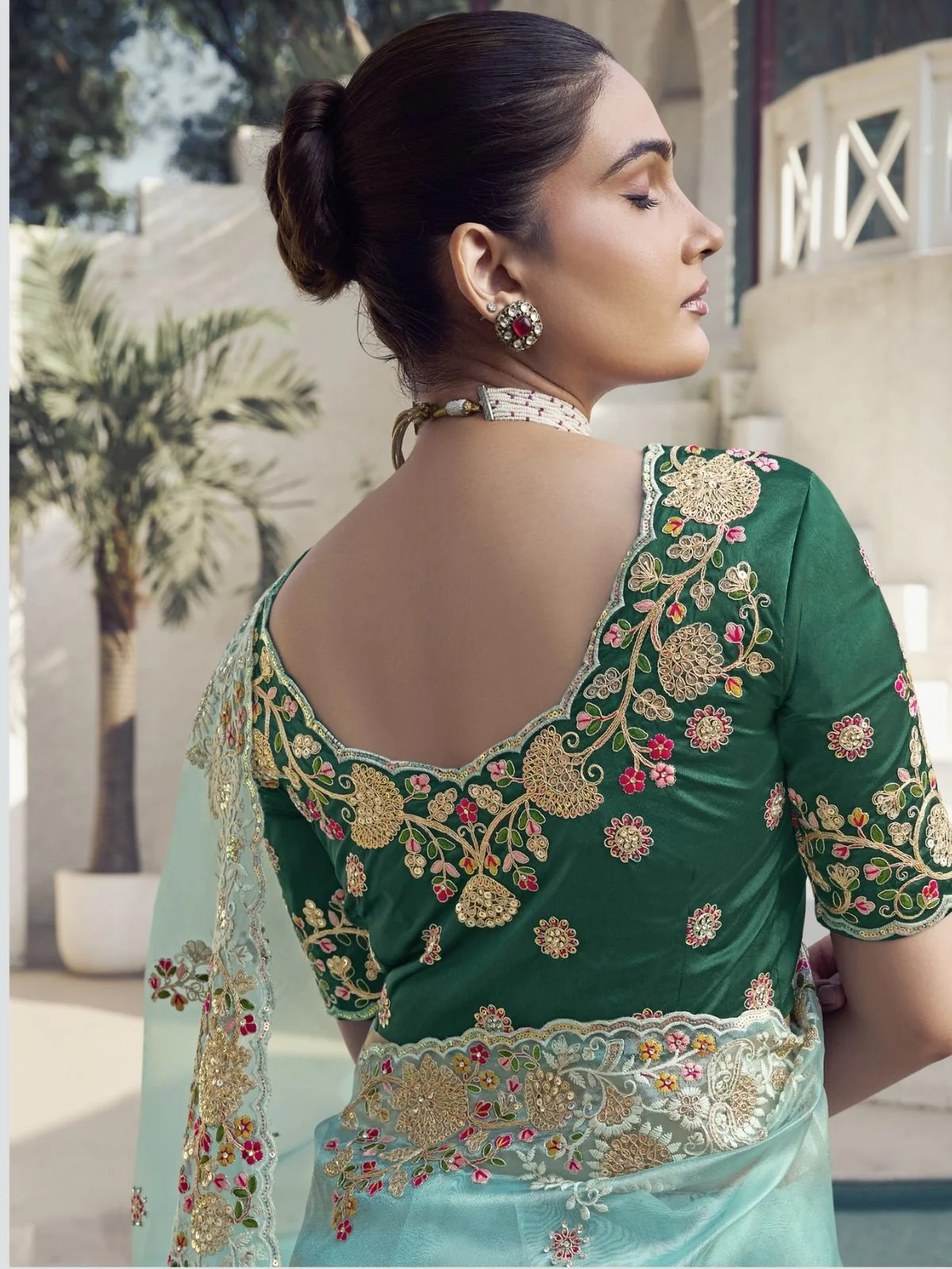 Odette Light Blue Organza Embroidered Saree With Unstitched Blouse For Women - Image 3