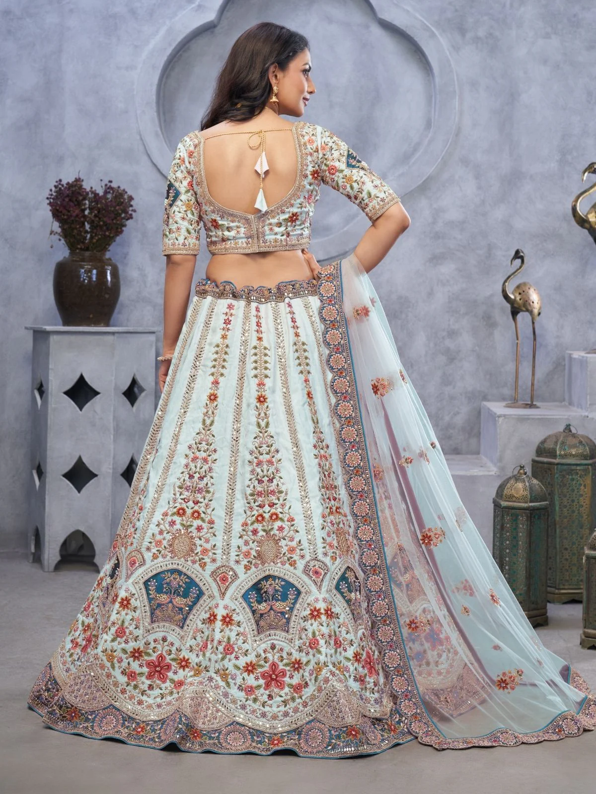 Odette Light Blue Organza  Embroidered Semi-Stitched Lehenga With Unstitched Blouse For Women - Image 3