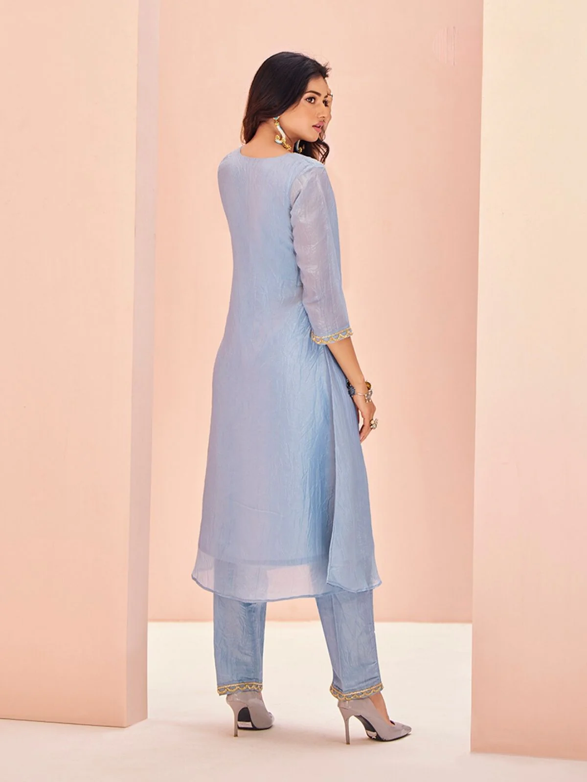 Odette Light Blue Organza Embroidered Stitched Kurta Set For Women - Image 4