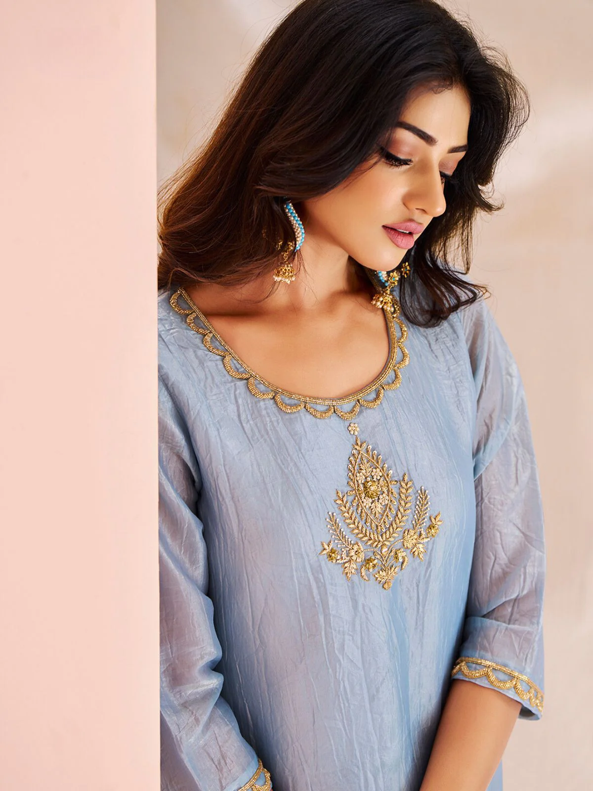 Odette Light Blue Organza Embroidered Stitched Kurta Set For Women - Image 5