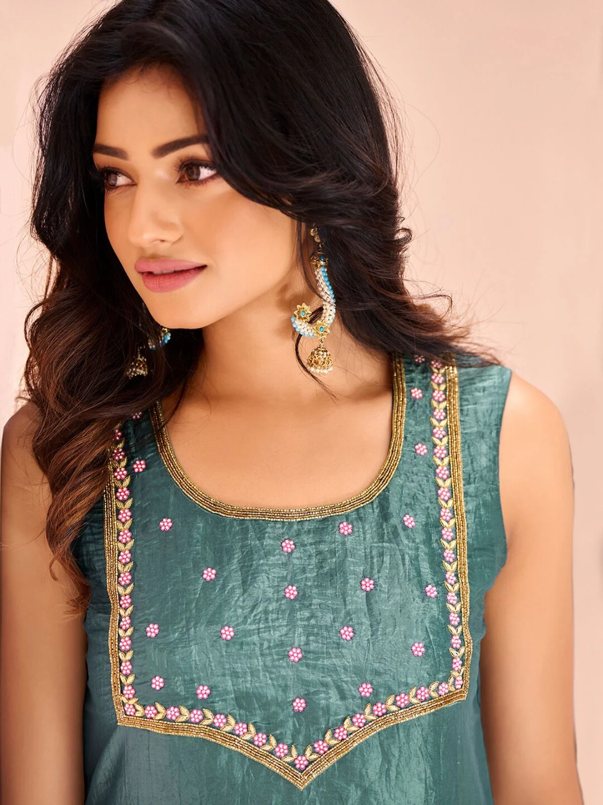 Odette Light Blue Organza Embroidered Stitched Kurta Set For Women - Image 5