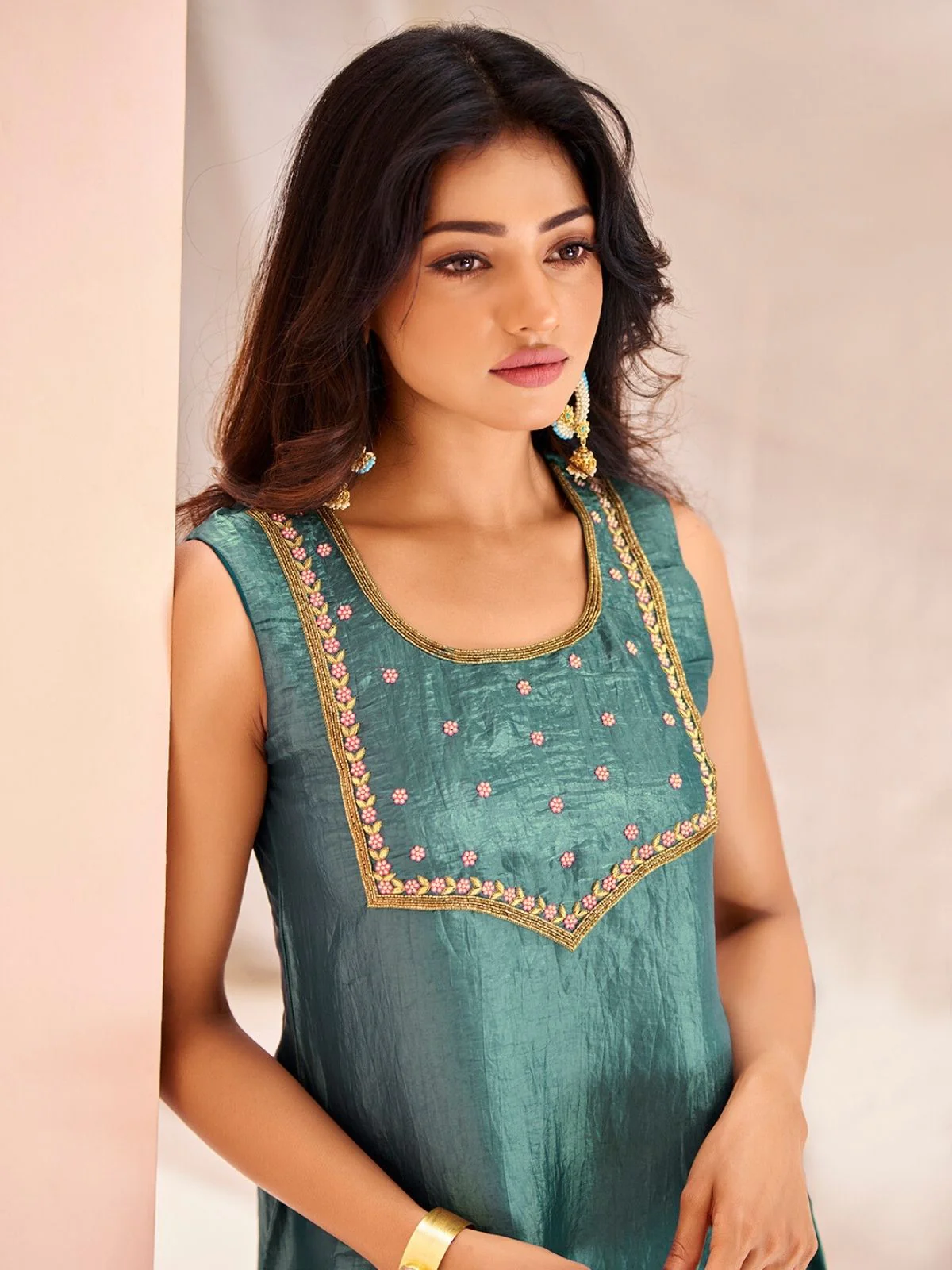 Odette Light Blue Organza Embroidered Stitched Kurta Set For Women - Image 6