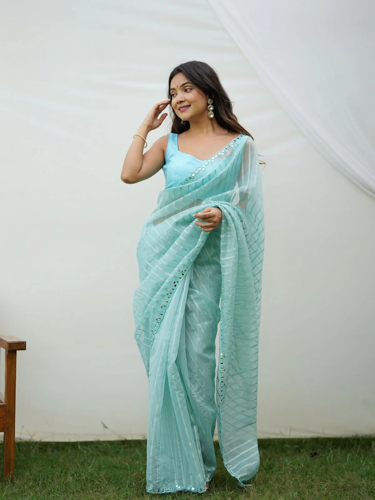 Odette Light Blue Organza Mirror Work Saree With Unstitched Blouse For Women - Image 2
