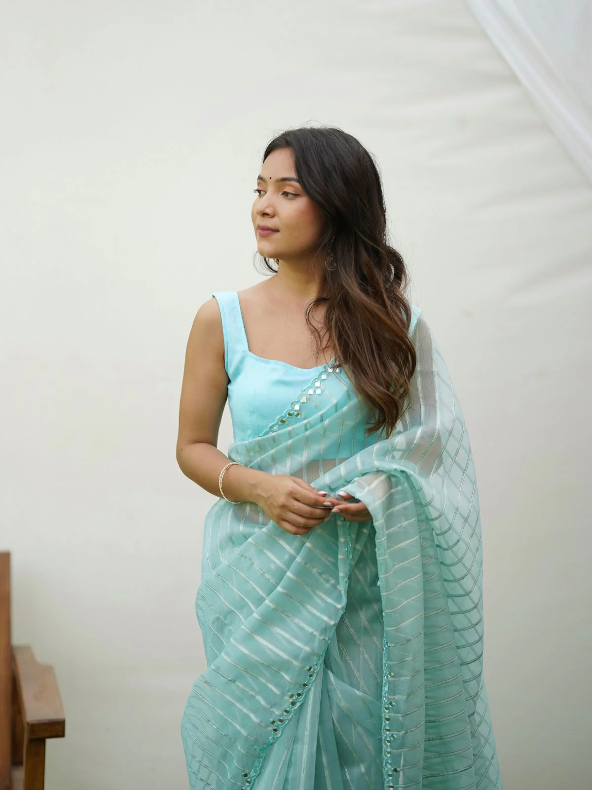 Odette Light Blue Organza Mirror Work Saree With Unstitched Blouse For Women - Image 5