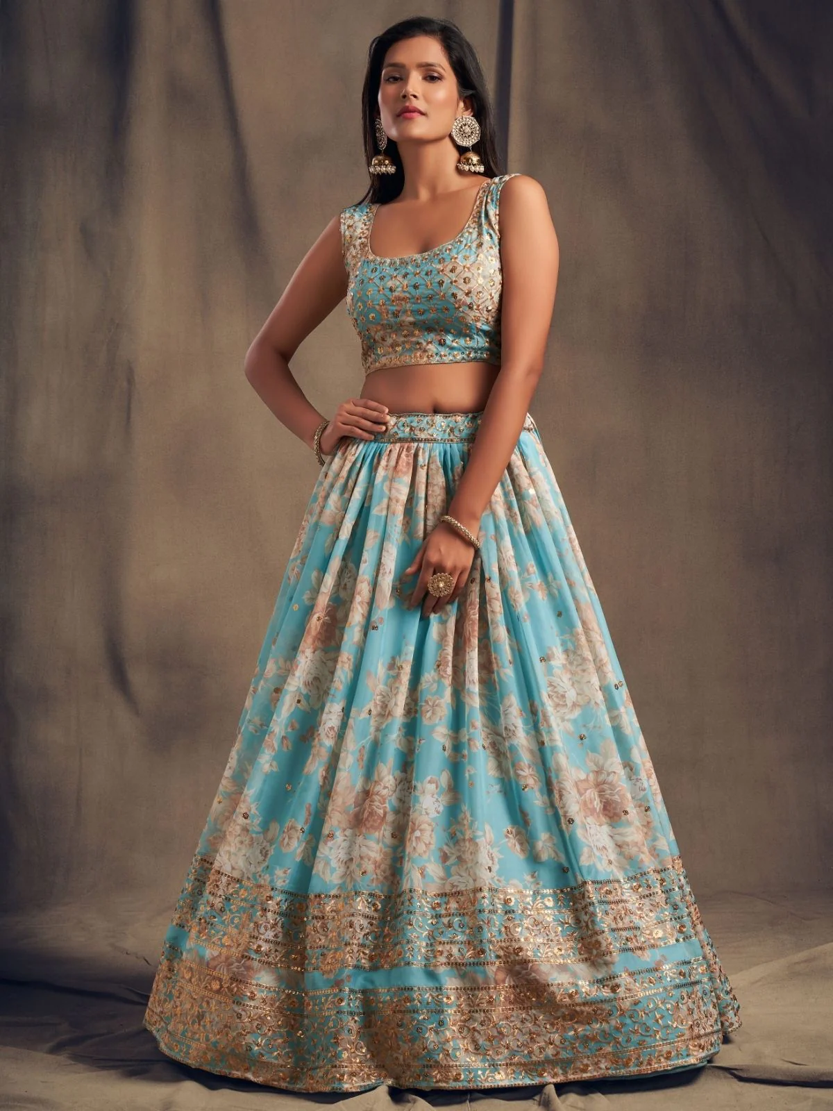 Odette Light Blue Organza Printed Semi Stitched Lehenga With Unstitched Blouse For Women - Image 2