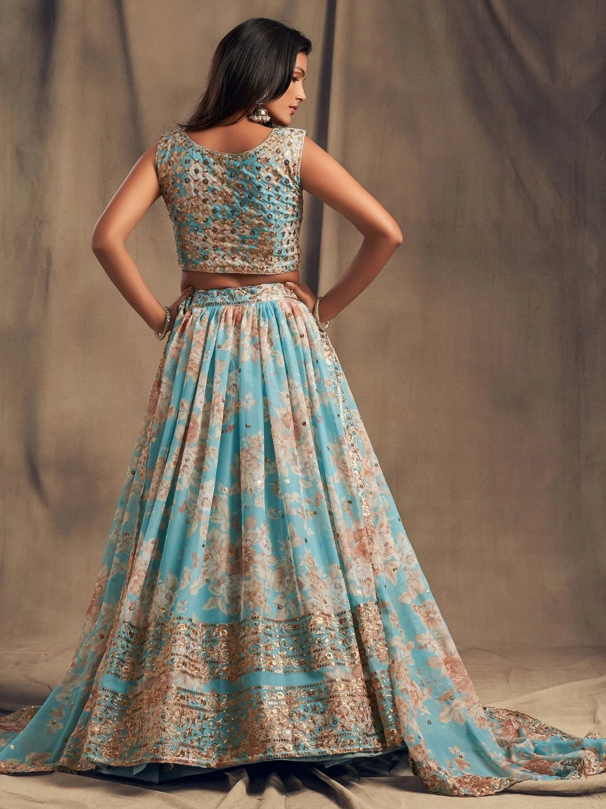 Odette Light Blue Organza Printed Semi Stitched Lehenga With Unstitched Blouse For Women - Image 4