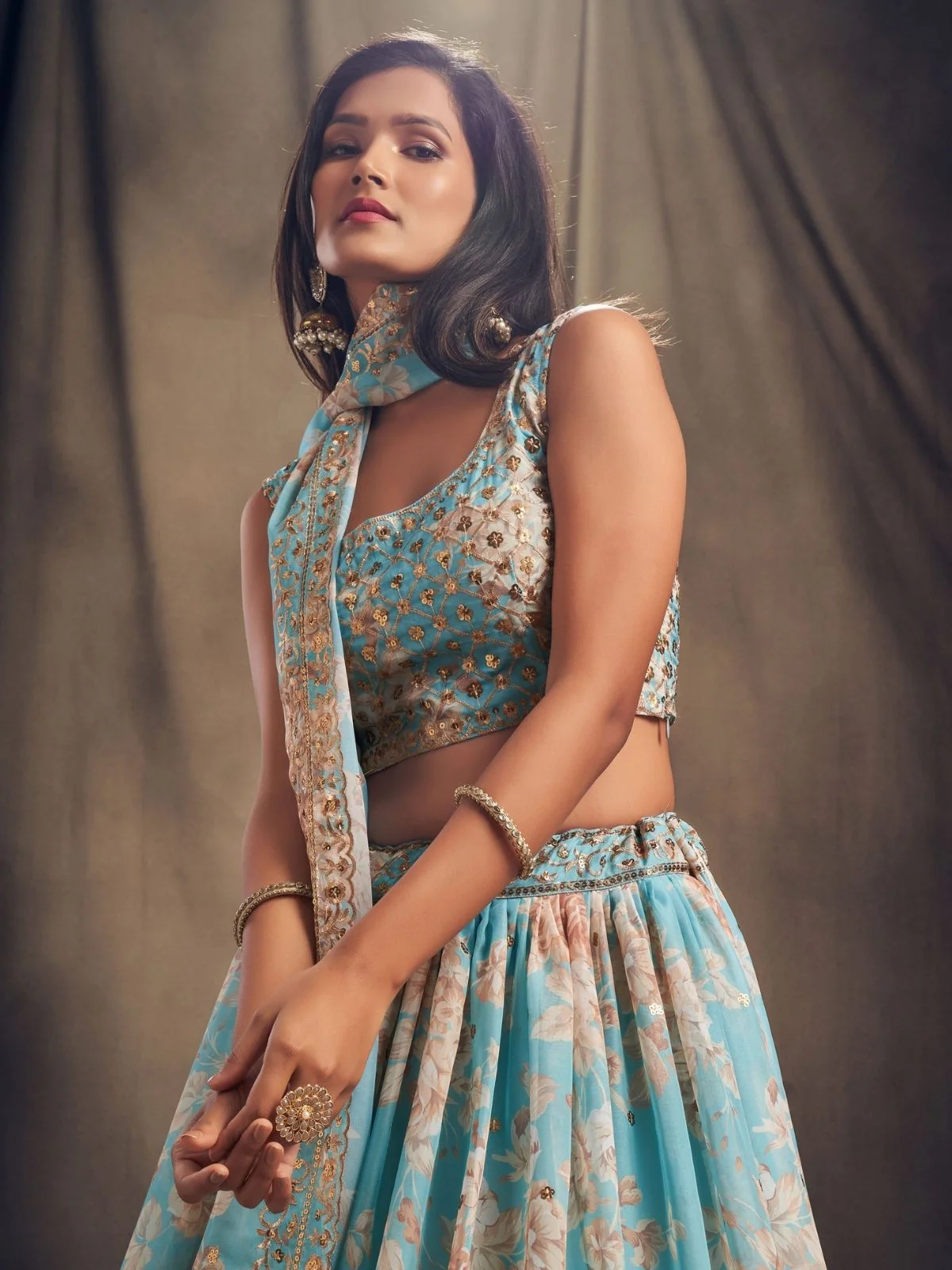 Odette Light Blue Organza Printed Semi Stitched Lehenga With Unstitched Blouse For Women - Image 5