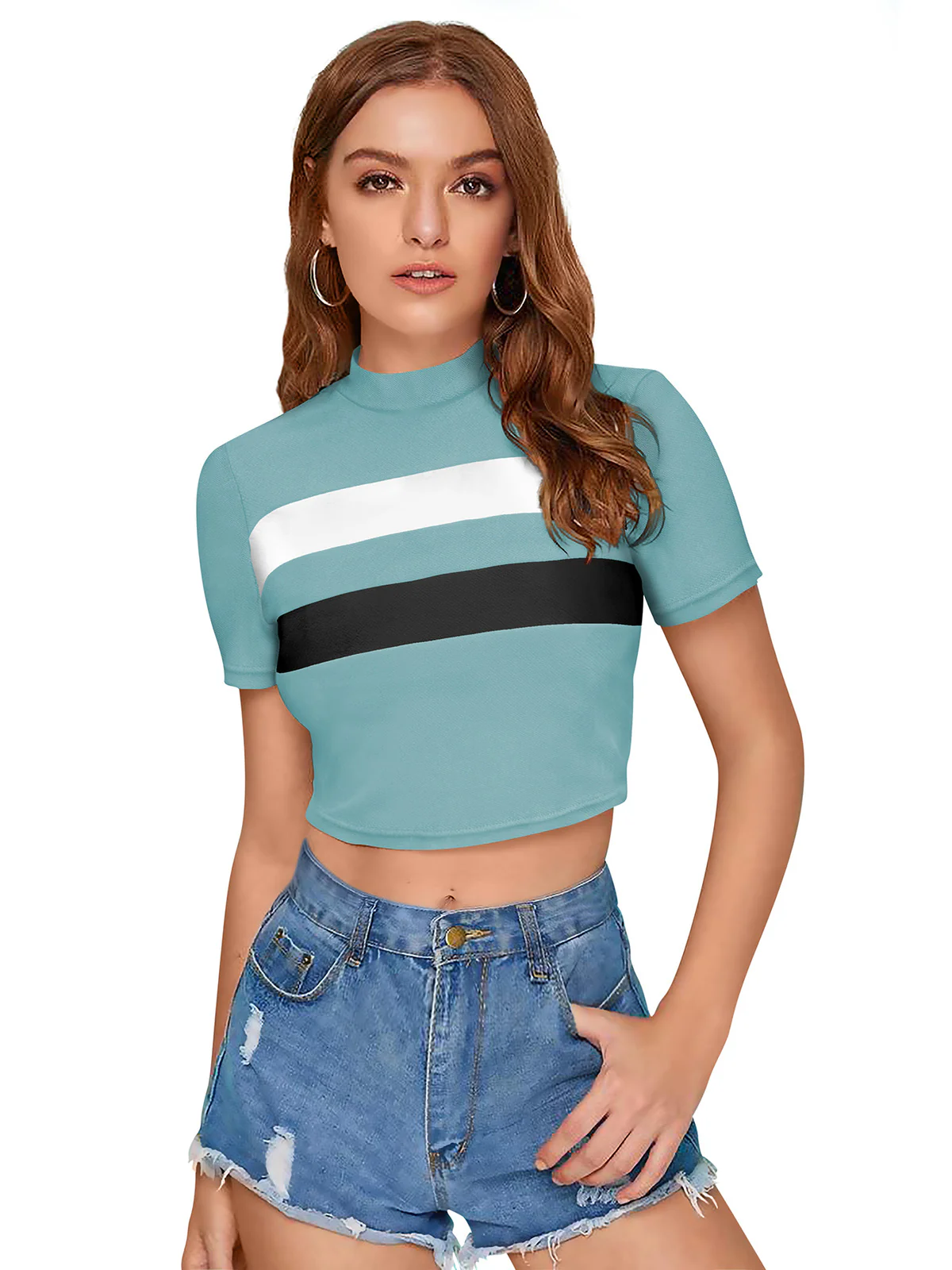 Odette Light Blue Polyester Color Block Top For Women