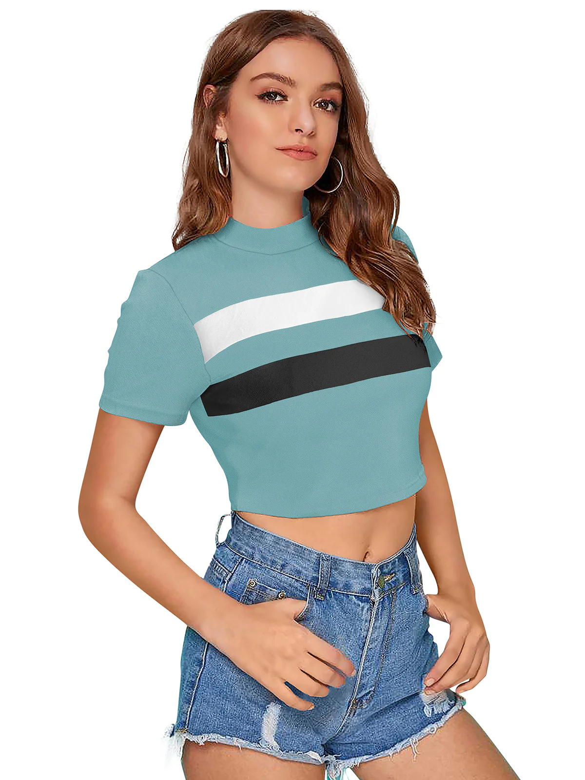 Odette Light Blue Polyester Color Block Top For Women - Image 2