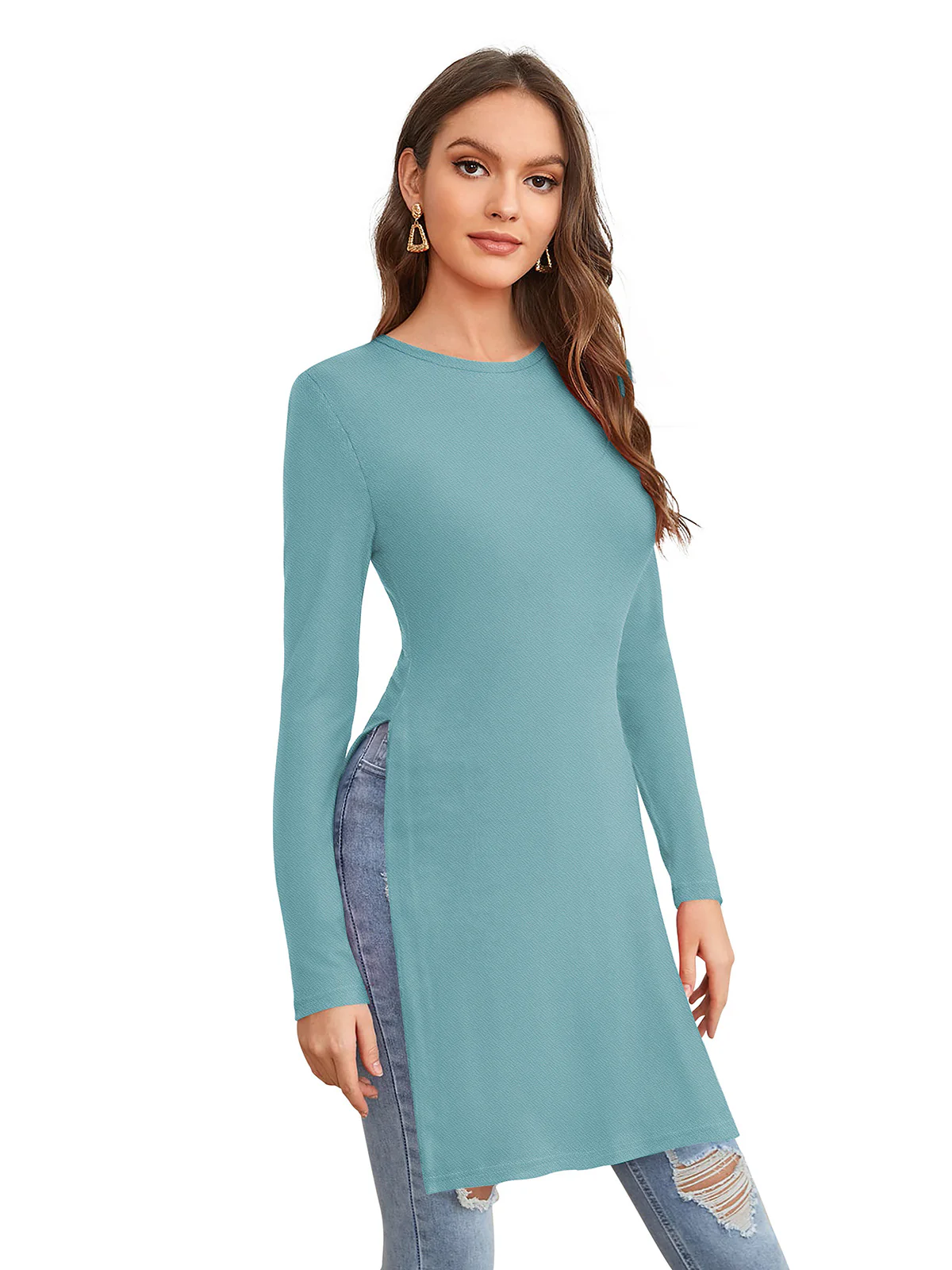 Odette Light Blue  Polyester Solid Long Top For Women - Image 2