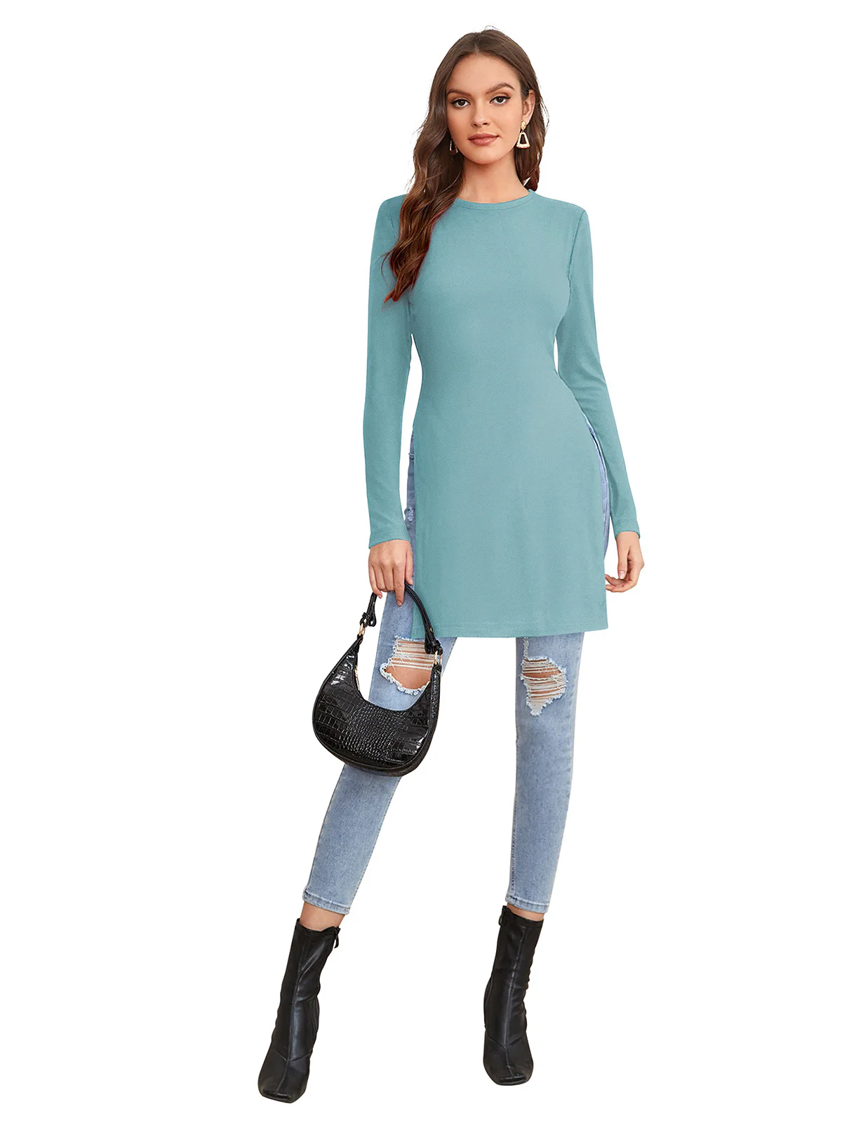 Odette Light Blue  Polyester Solid Long Top For Women - Image 5