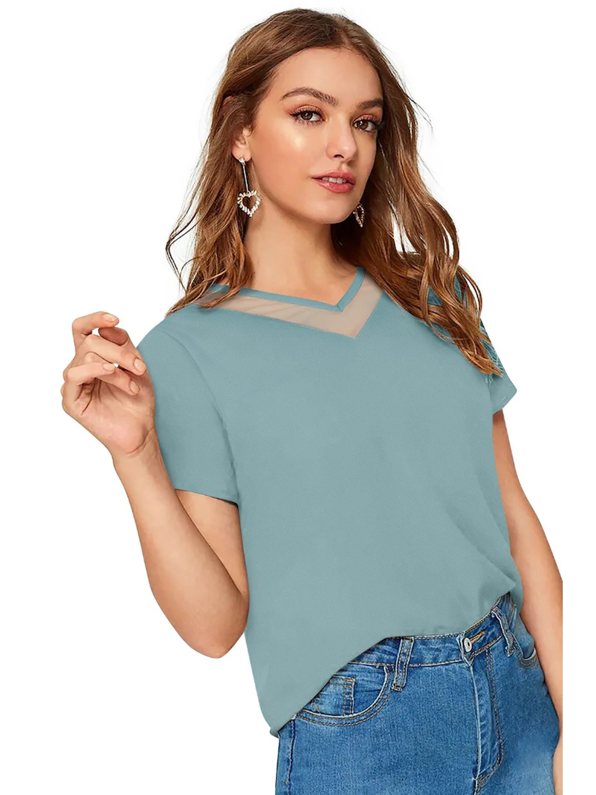 Odette Light Blue  Polyester Solid Top For Women - Image 4