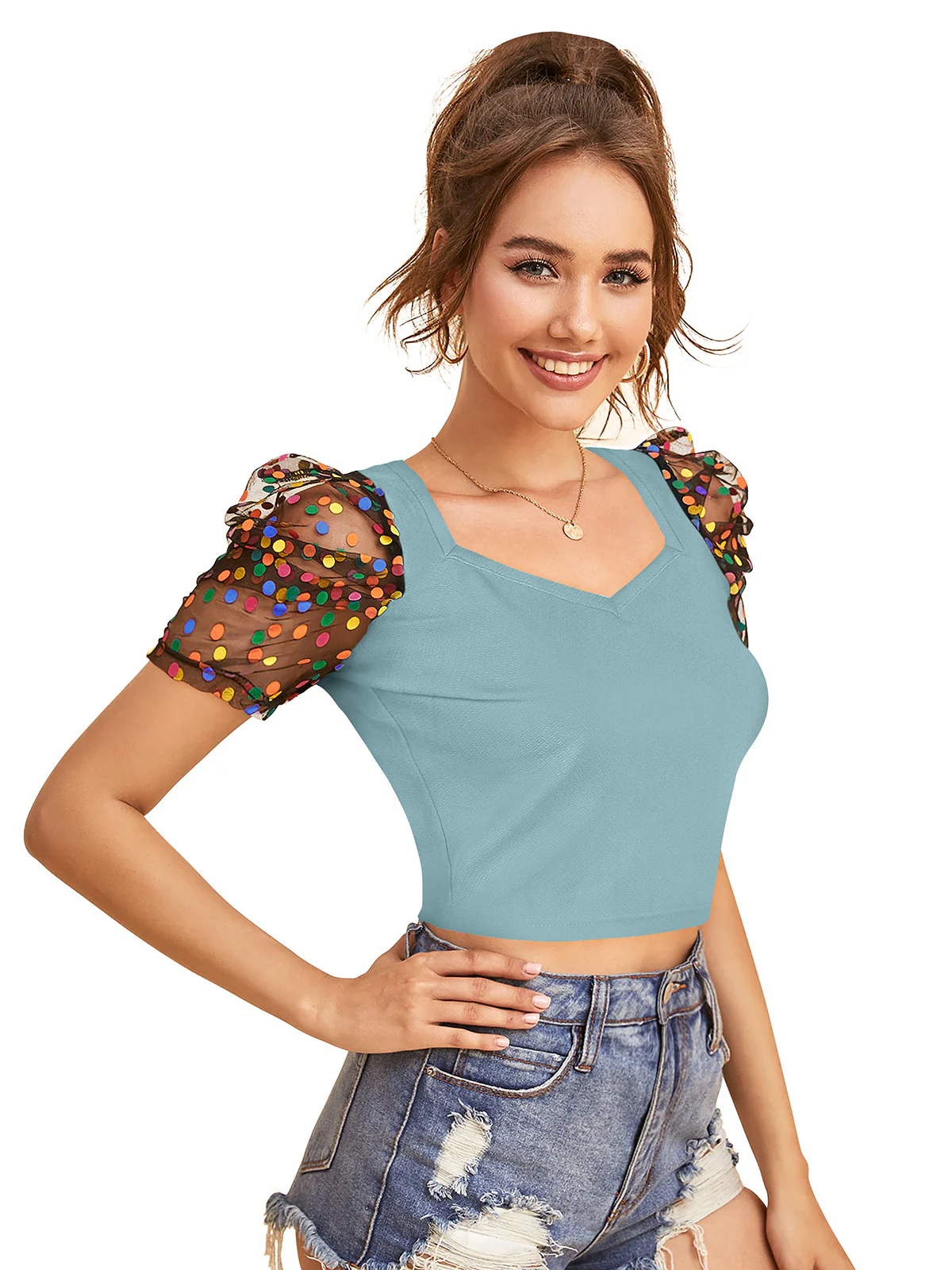 Odette Light Blue Polyester Solid Top For Women - Image 2