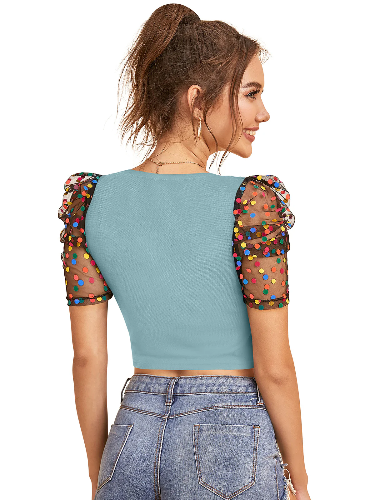 Odette Light Blue Polyester Solid Top For Women - Image 4