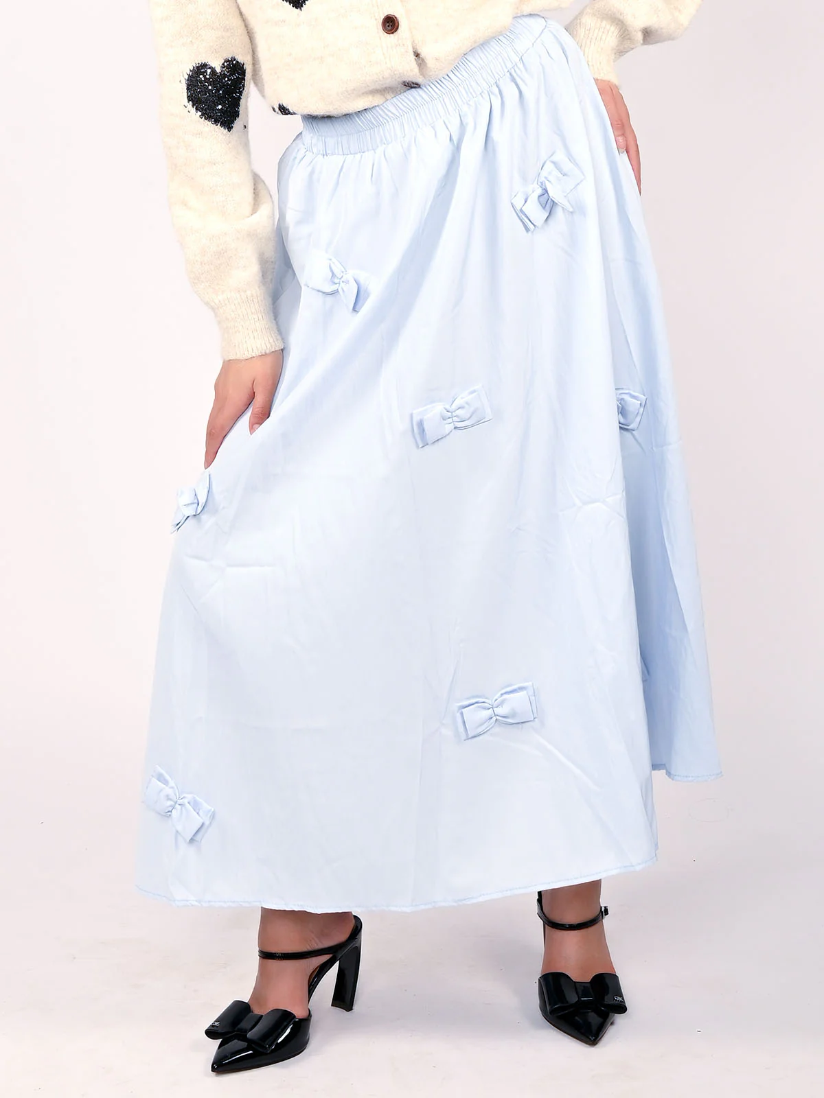 Odette Light Blue Polyster Bow Design Skirt For Women