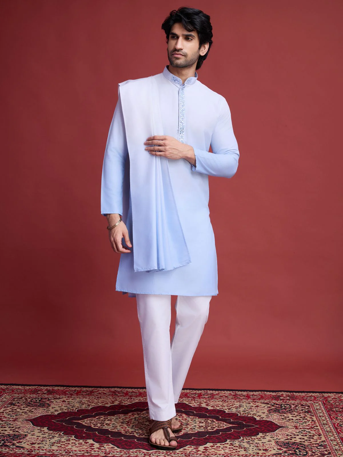 Odette Light Blue Rayon Mirror Work Stitched Kurta With Dupatta For Men - Image 3