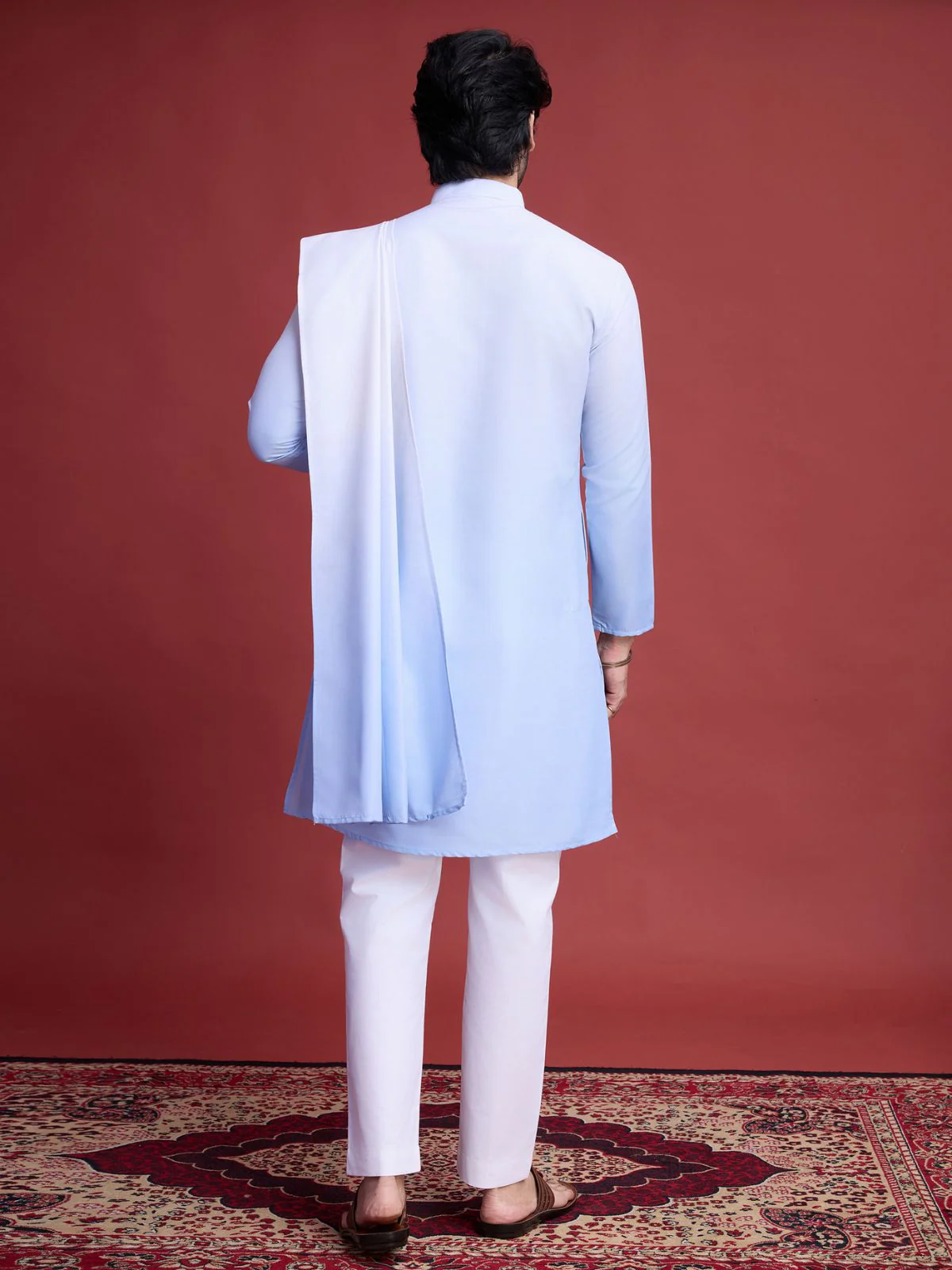 Odette Light Blue Rayon Mirror Work Stitched Kurta With Dupatta For Men - Image 5