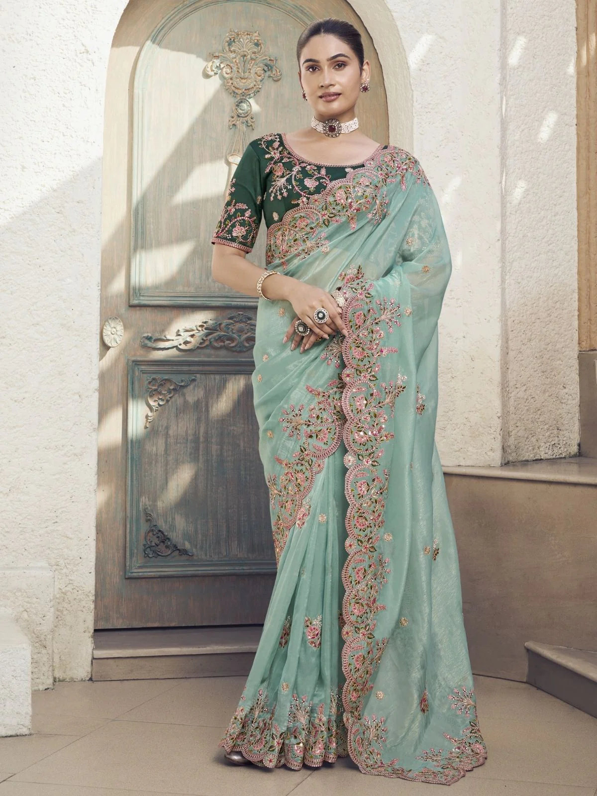 Odette Light Blue Silk Blend Embroidered Saree With Unstitched Blouse For Women