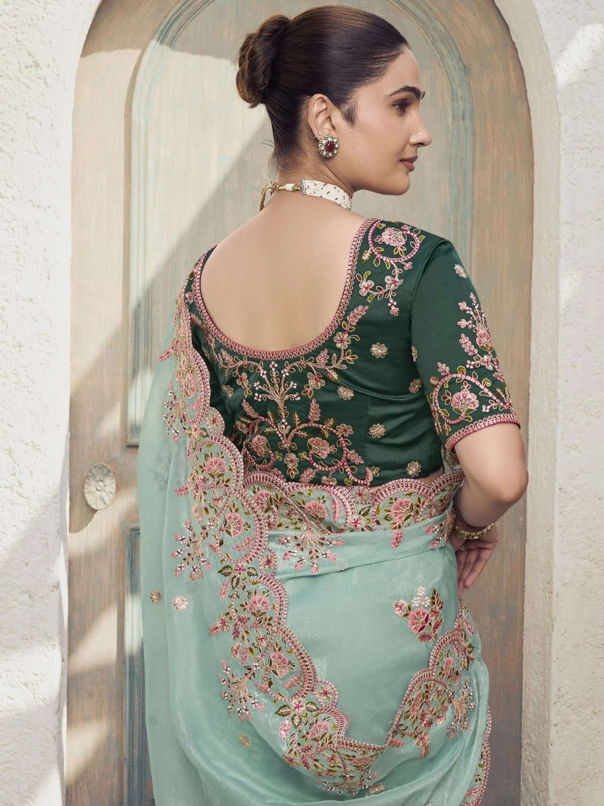 Odette Light Blue Silk Blend Embroidered Saree With Unstitched Blouse For Women - Image 3