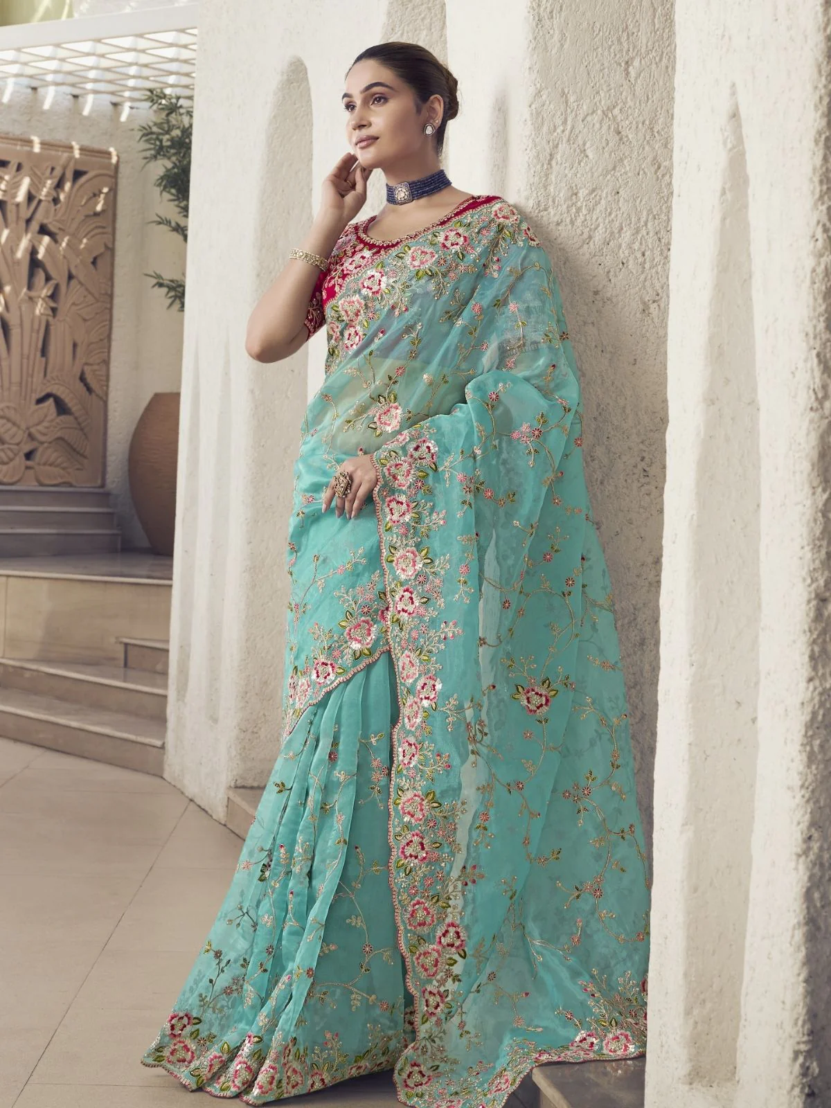 Odette Light Blue Georgette Embroidered Saree With Unstitched Blouse For Women