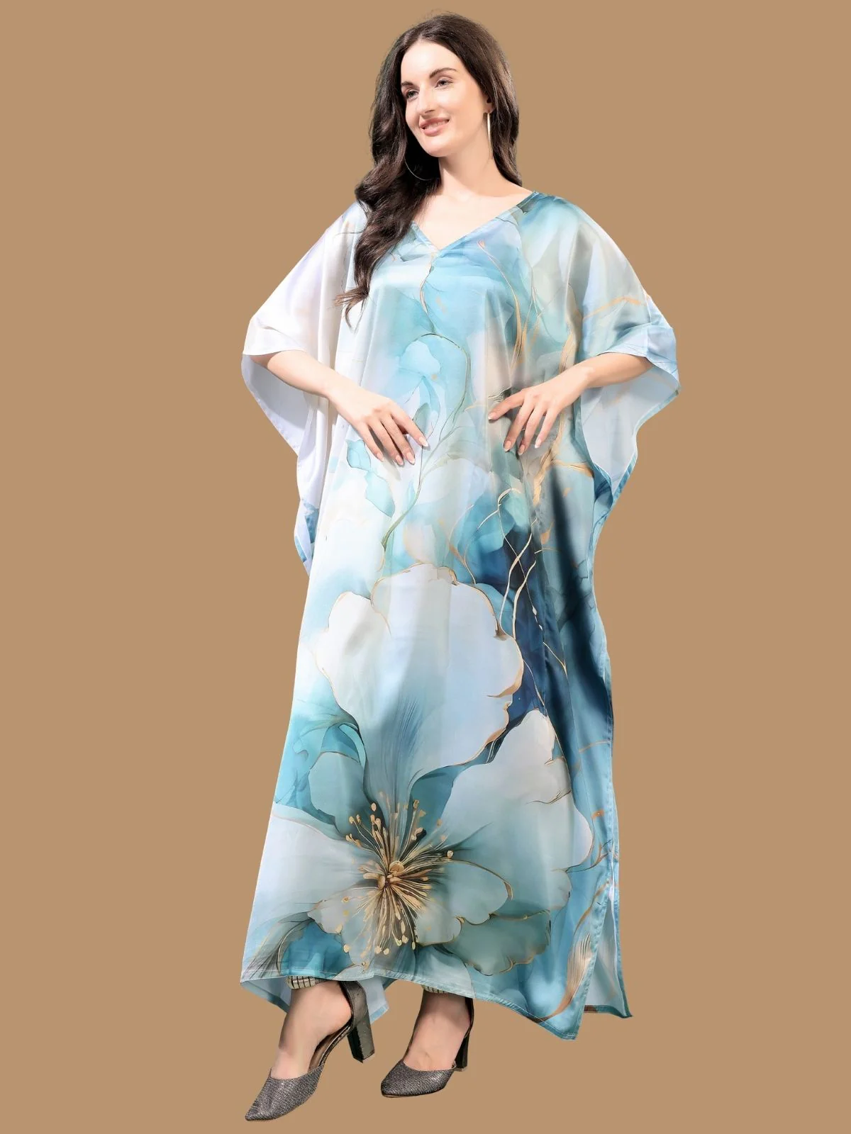 Odette Light Blue Satin Printed Kaftan For Women - Image 2