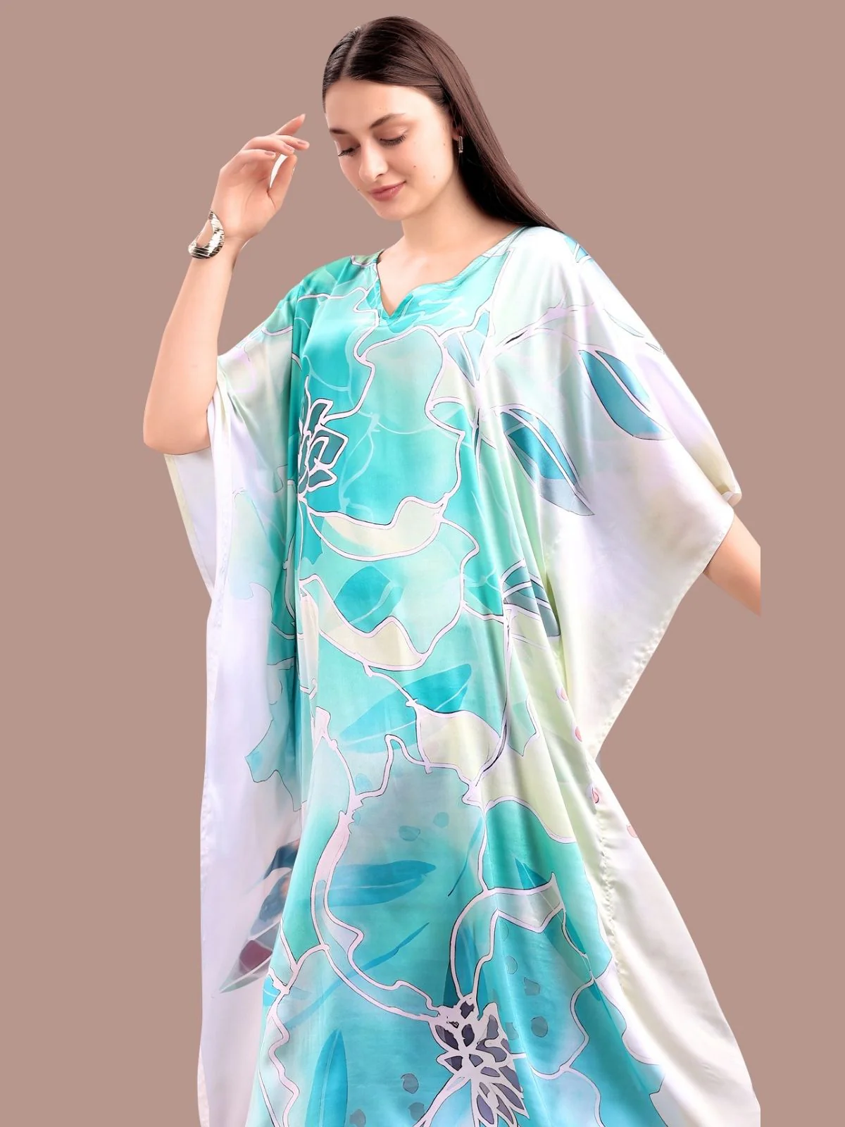 Odette Light Blue Satin Printed Kaftan For Women - Image 4