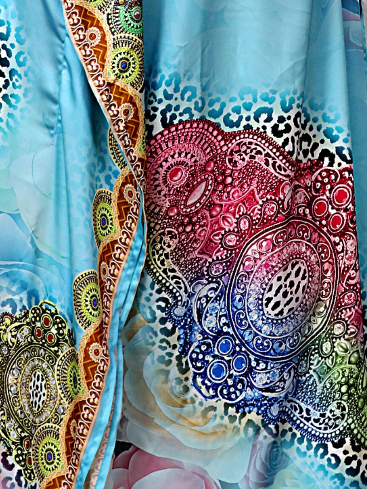 Odette Light Blue Satin Printed Kaftan For Women - Image 5