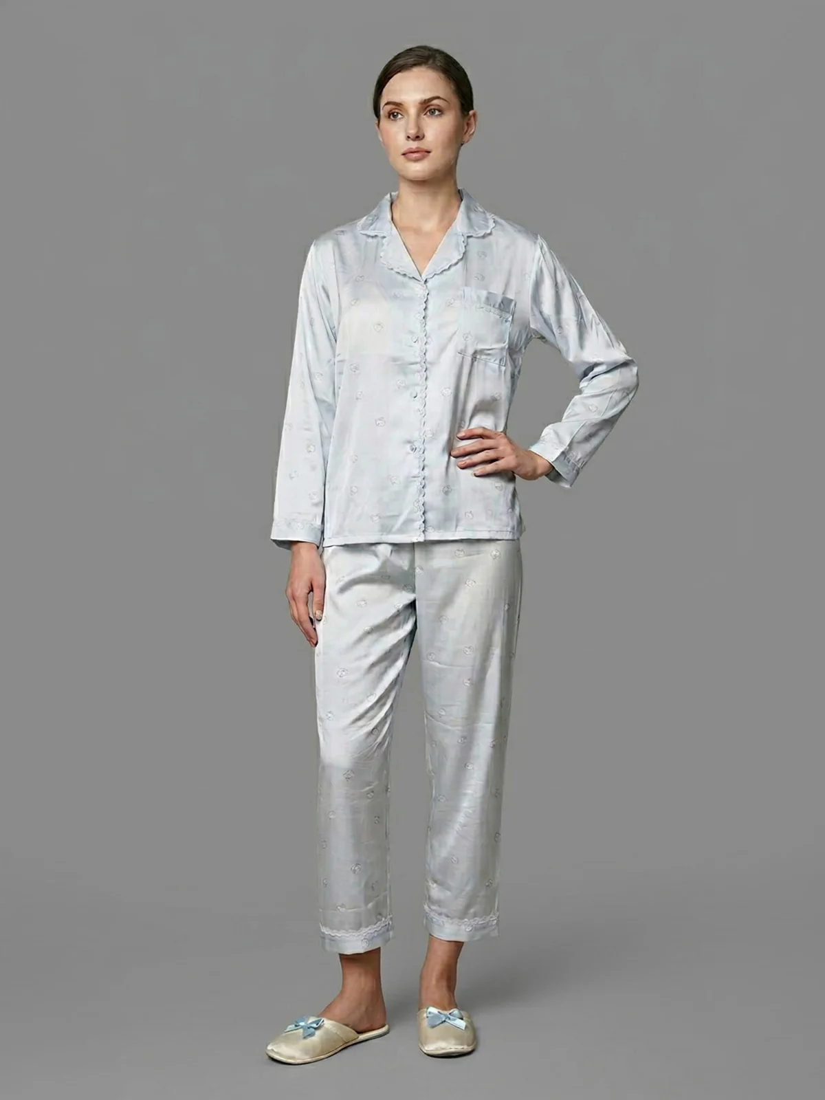 Odette Light Blue Satin Printed Night Dress For Women