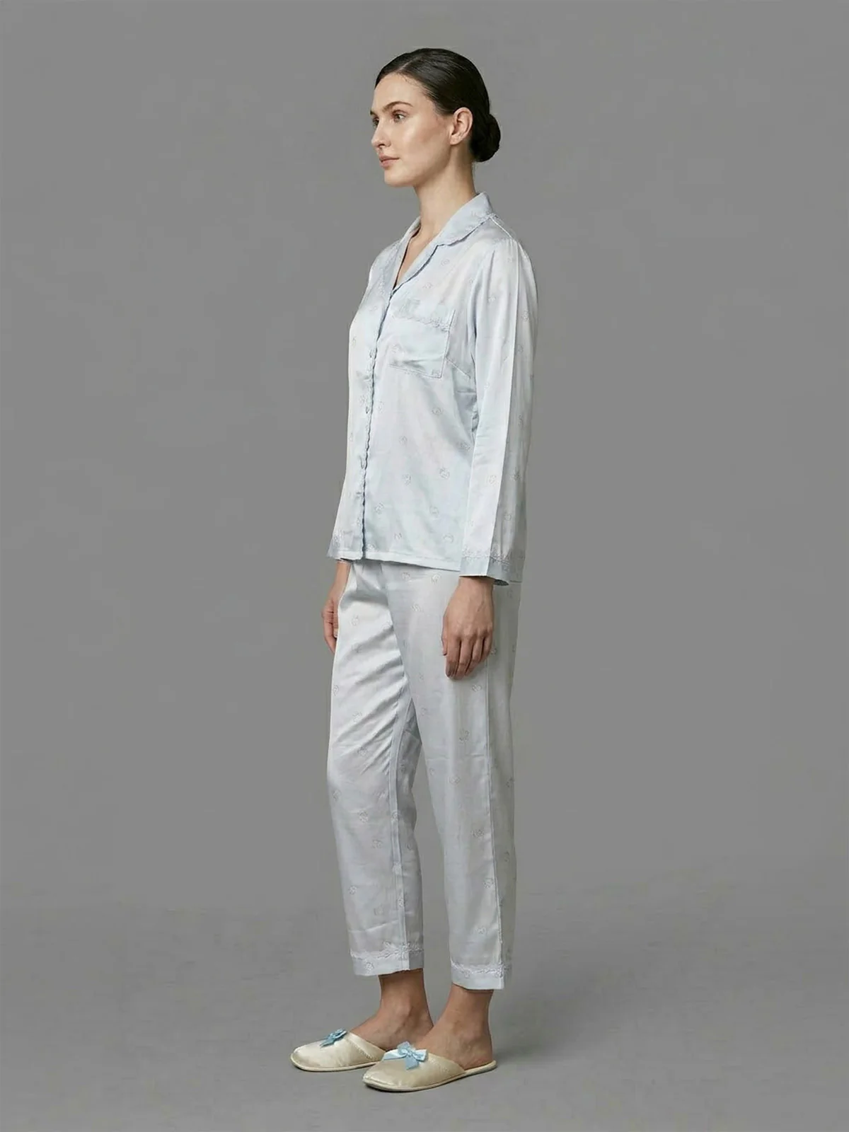 Odette Light Blue Satin Printed Night Dress For Women - Image 2