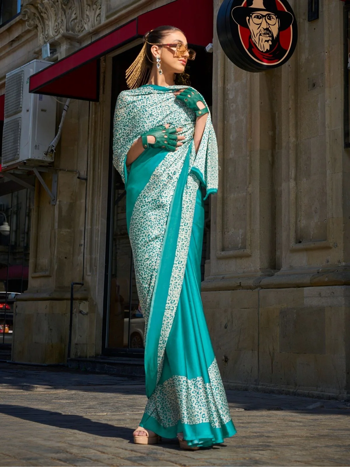 Odette Light Blue Satin Printed Saree With Unstitched Blouse For Women - Image 2