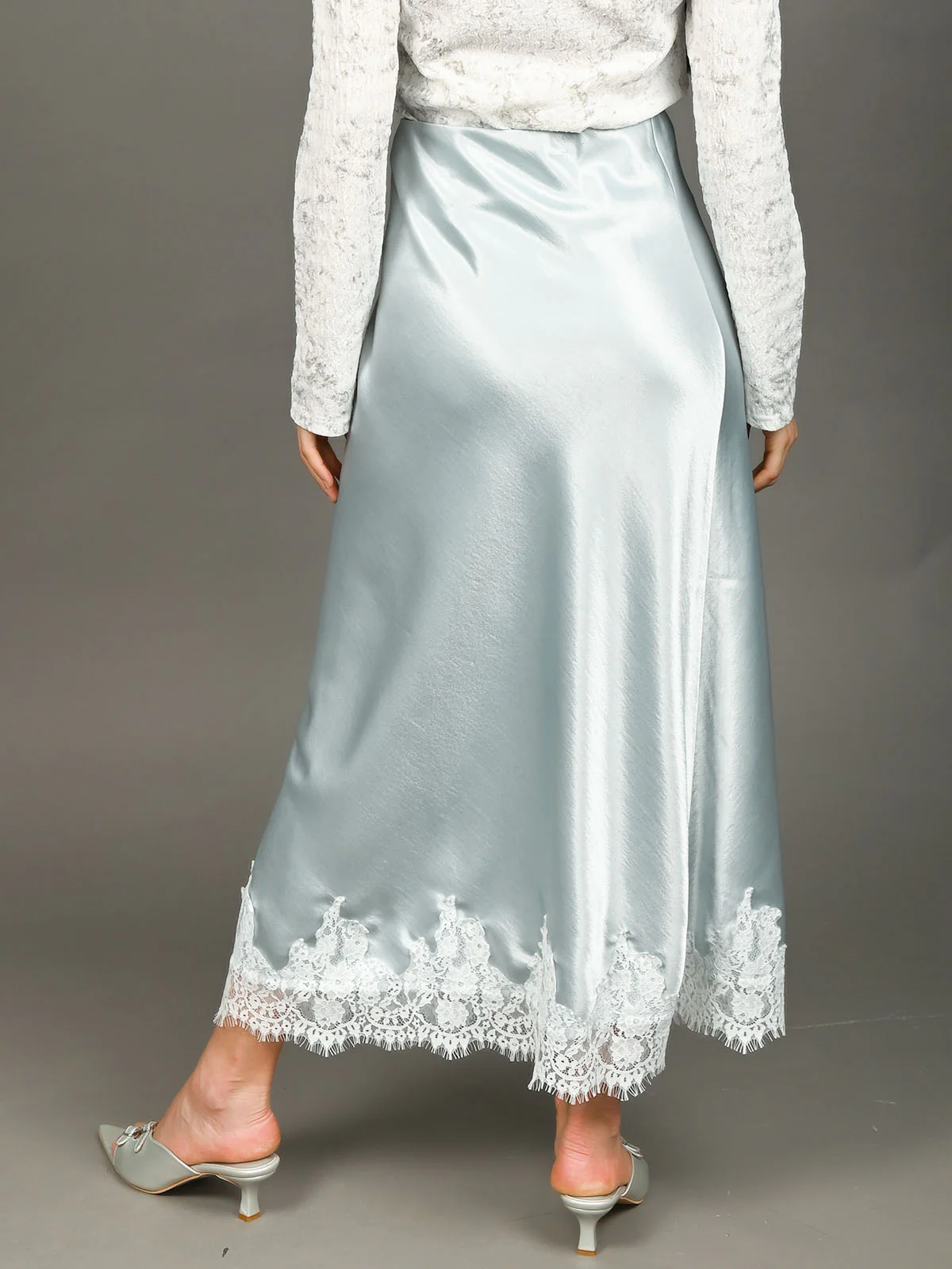 Odette Light Blue Satin Solid Skirt For Women - Image 4