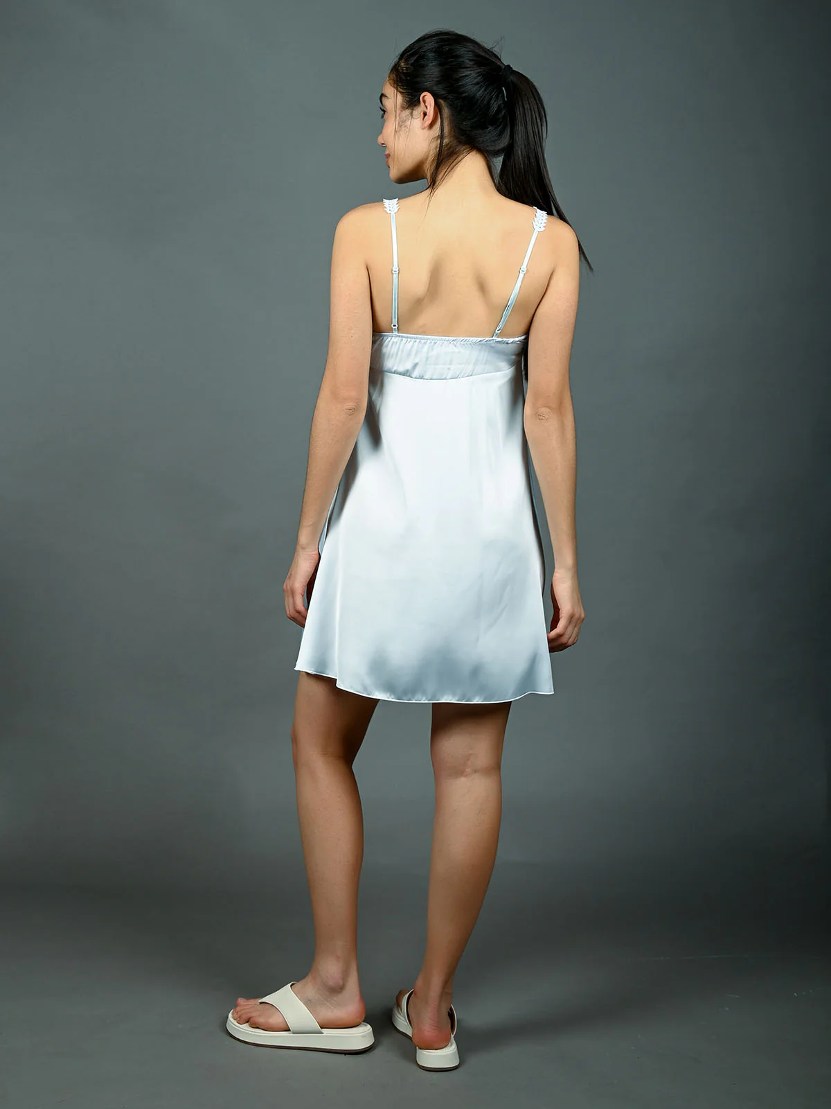 Odette Light Blue Satin With Lace Work Night Wear For Women - Image 4