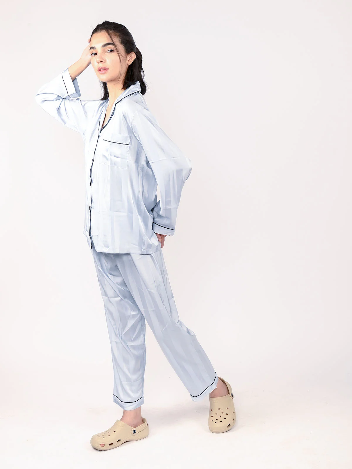 Odette Light Blue Satin Striped Night Wear Set For Women - Image 3