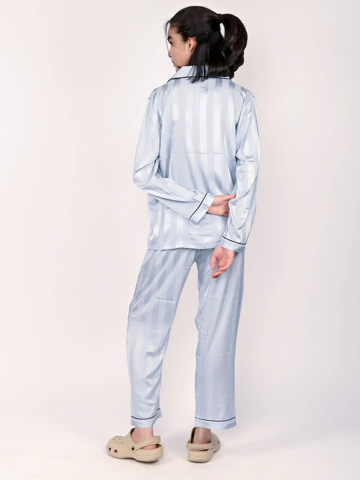 Odette Light Blue Satin Striped Night Wear Set For Women - Image 5