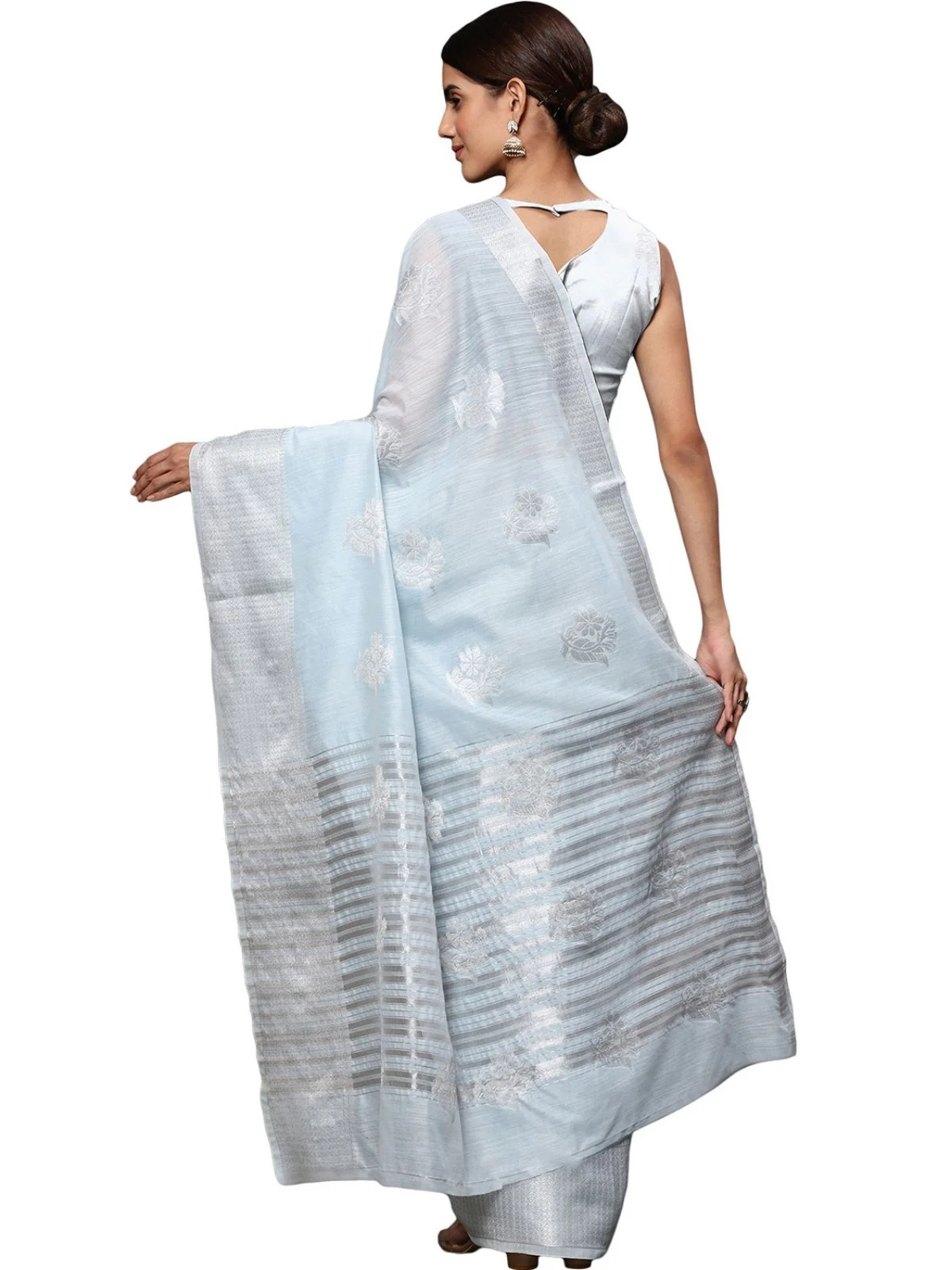 Odette Light Blue Silk Blend Embellished Saree For Women - Image 4