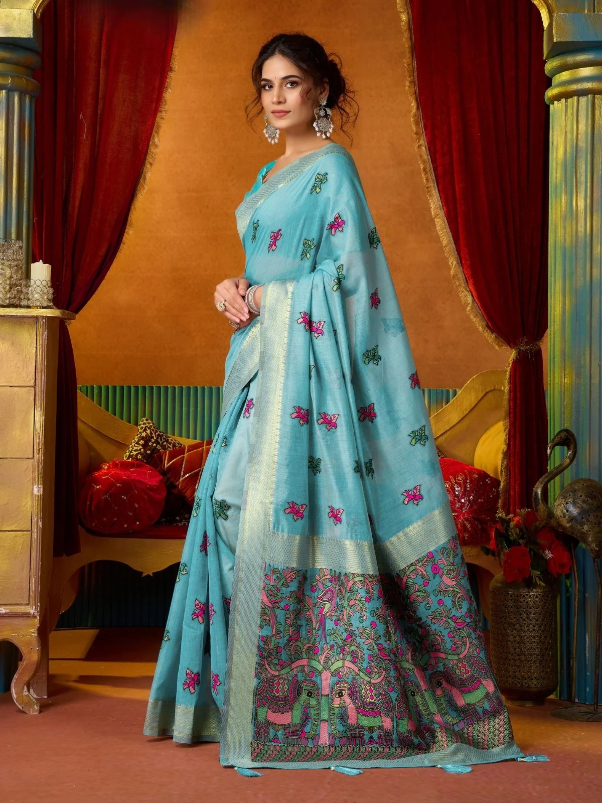 Odette Light Blue Silk Blend Printed Saree For Women - Image 2