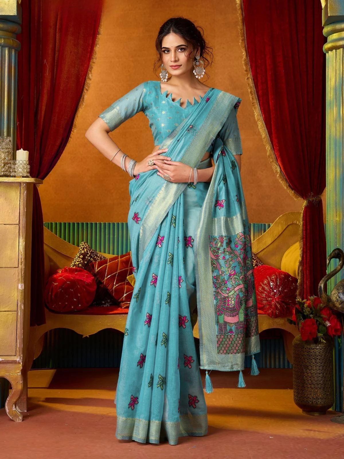 Odette Light Blue Silk Blend Printed Saree For Women - Image 3